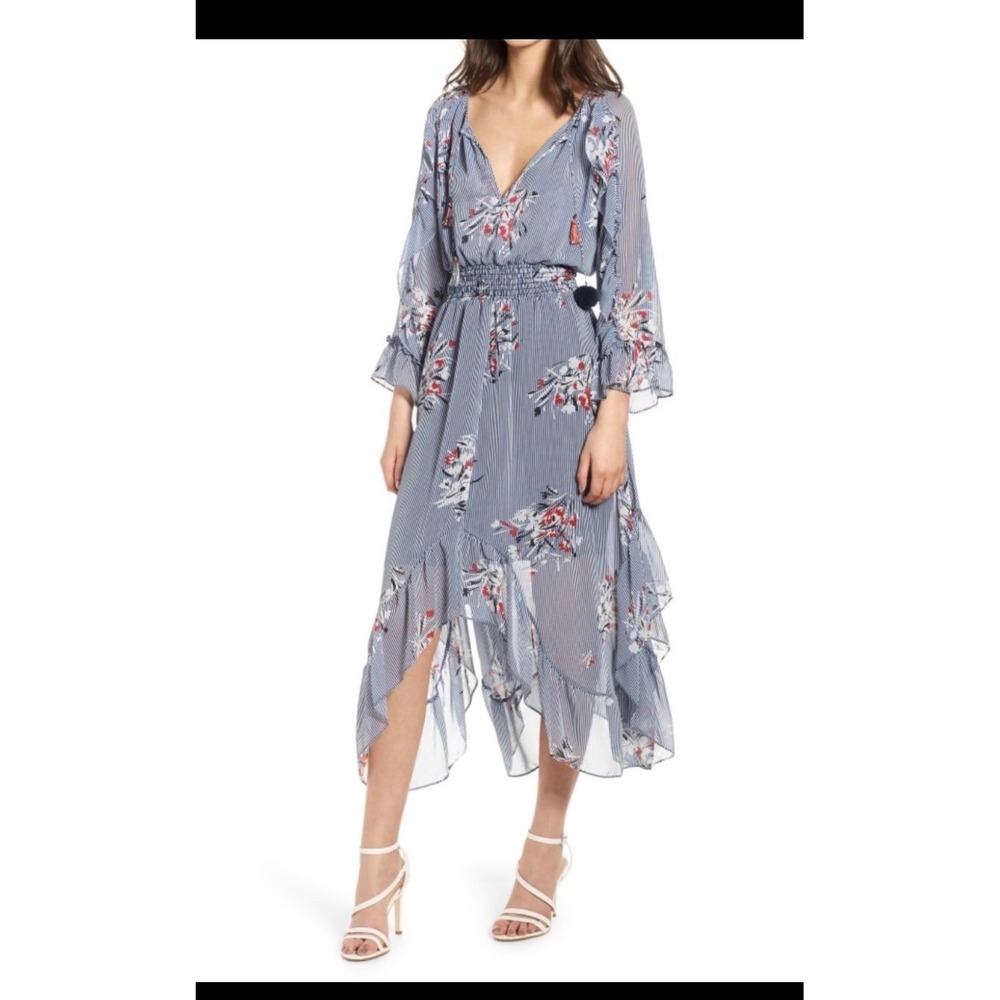 MISA Los Angeles Striped Floral Ruffle High Low Midi Dress Blue Red White M